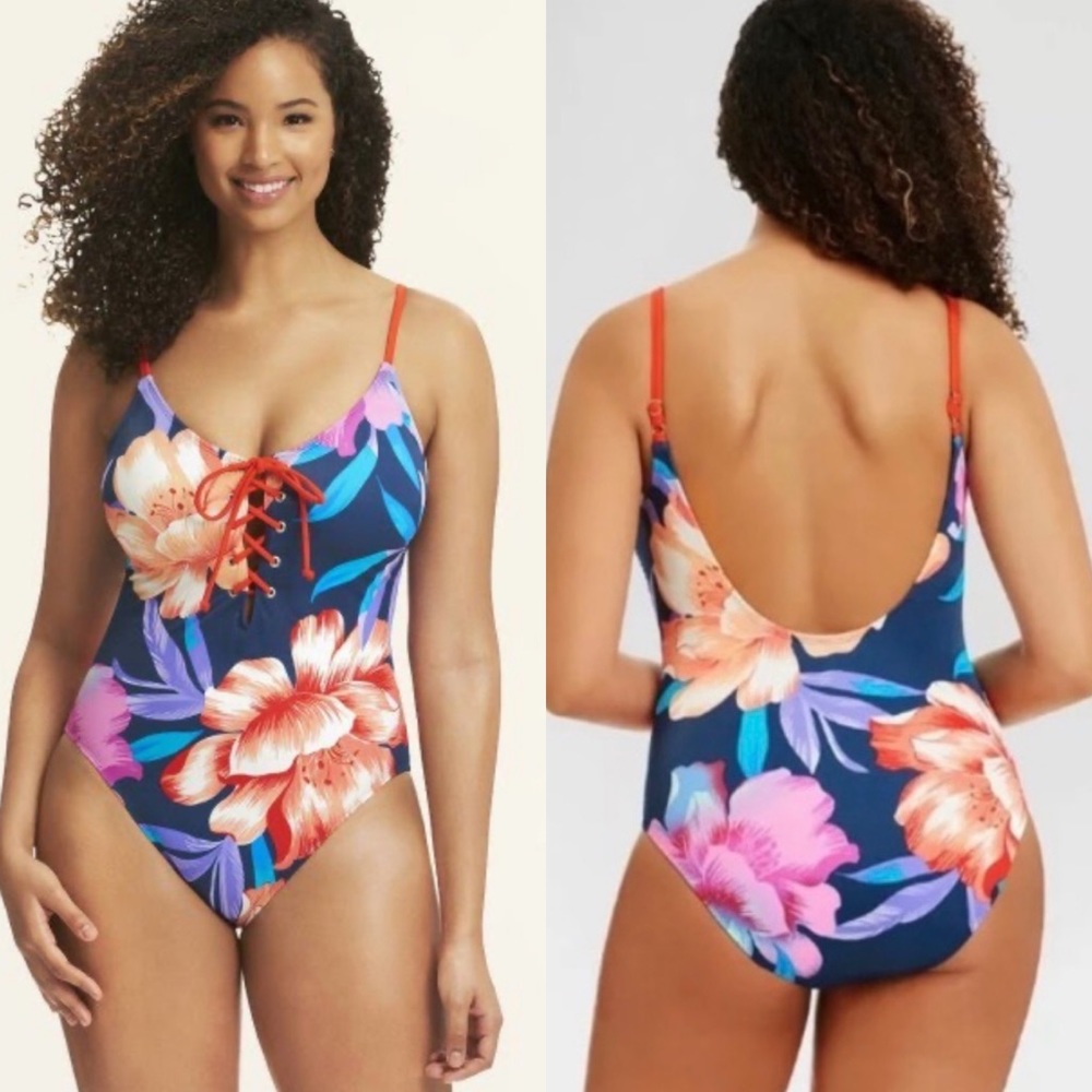 Beach Betty by Miracle Brands Slimming Tropical Flower Lace Up One-Piece Swim